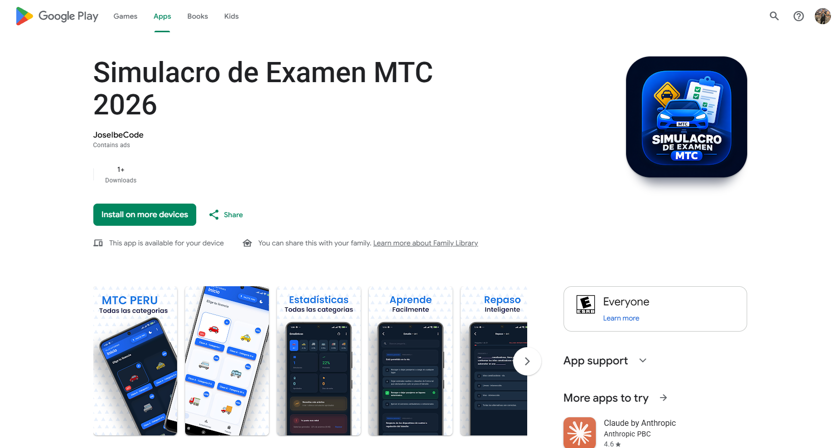 Ficha de Google Play de Simulacro de Examen MTC 2026